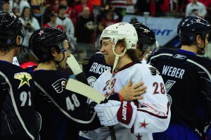 Briere and Giroux were on different teams in the All-Star Game, but will be working together to try and beat the Bruins ... again. (Tom Turk/THW)