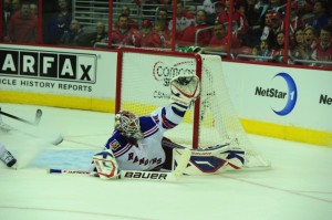 Henrik Lundqvist and the New York Rangers are still Stanley Cup favorites, despite an 0-2 start. (Tom Turk/THW).