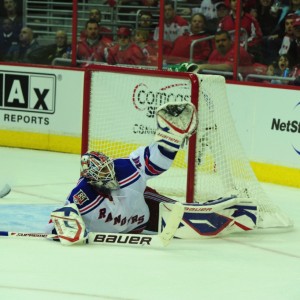 Lundqvist makes a save here on the Caps, but ultimately loses the game (Tom Turk/THW).