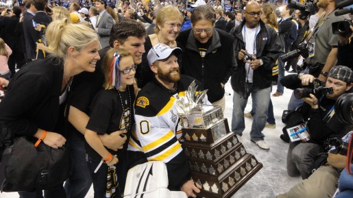 Tim Thomas celebrating with family after the Stanley Cup