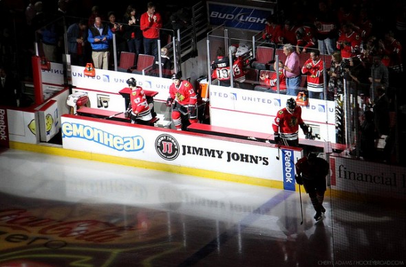 Daniel Carcillo takes the ice for the first time as a Blackhawk