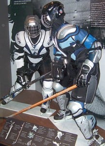 The shoulder pads of a hockey skater