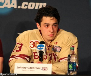 John Gaudreau at the post-game press conference. [photo: Josh Smith]