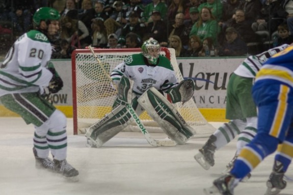 UND goalie Cam Johnson against LSSU (Peter Bottini, UND Athletics