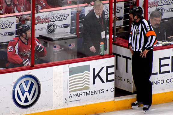 Caps' Jason Chimera Disputes Call with Referee Francois St. Laurent