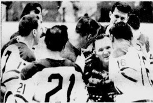 Leafs mob goalie Johhny Bower after a superlative performance against Detroit.
