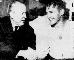 Prime Minister Lester B. Pearson congratulates Charley Hodge.