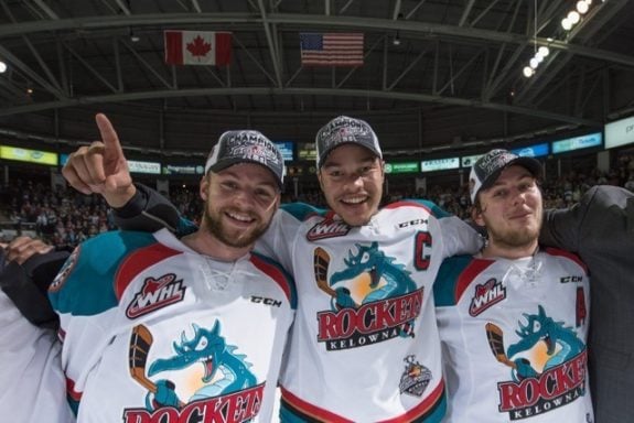(Marissa Baecker/Shoot The Breeze) Josh Morrissey, left, and Madison Bowey, middle, anchor the Kelowna Rockets' blue-line.