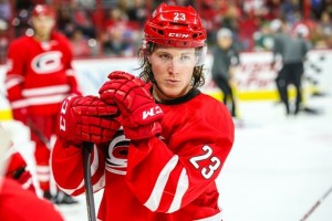 Carolina Hurricanes Brock McGinn during the NHL game between the Dallas Stars and the Carolina Hurricanes at the PNC Arena.