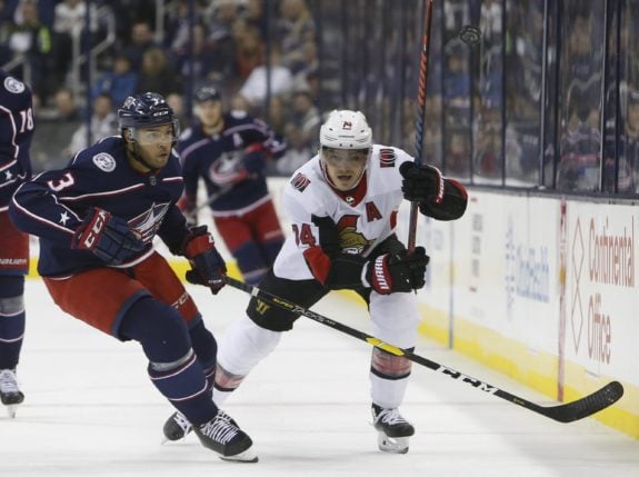 Ottawa Senators' Mark Borowiecki and Columbus Blue Jackets' Seth Jones