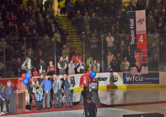 Taylor Hall Spitfires jersey raised WFCU Centre 2018