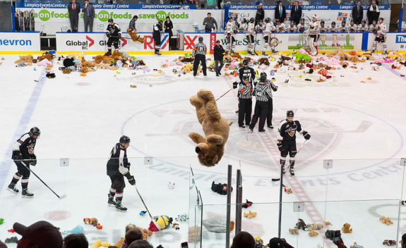 A teddy bear is thrown on the ice