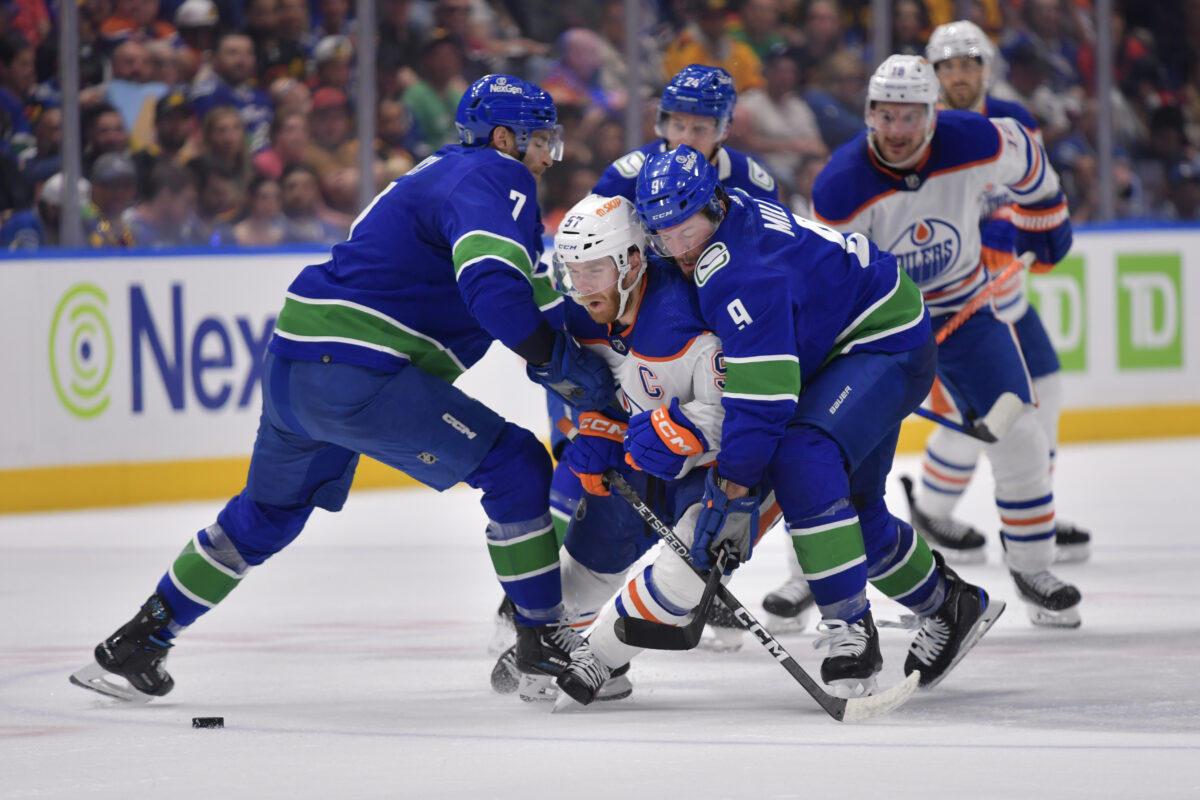 Connor McDavid Edmonton Oilers JT Miller Carson Soucy Vancouver Canucks