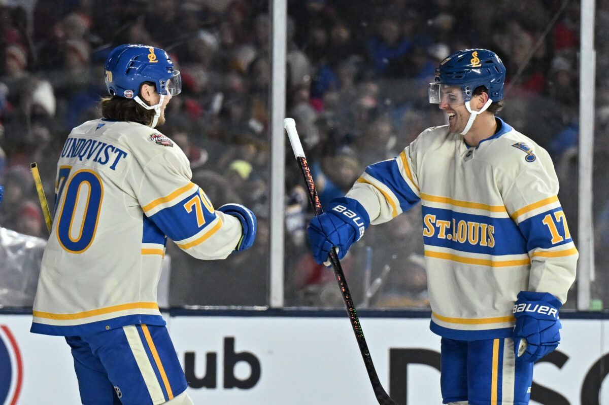 Oskar Sundqvist Cam Fowler St. Louis Blues 2024 Winter Classic